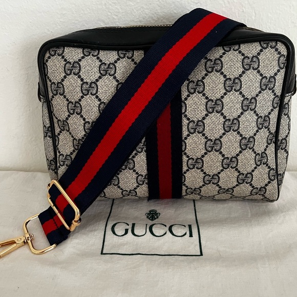 Gucci Web Stripe Cosmetic Pouch Blue Unbrand Strap D-rings Vintage 1970s-1984 - Picture 3 of 17